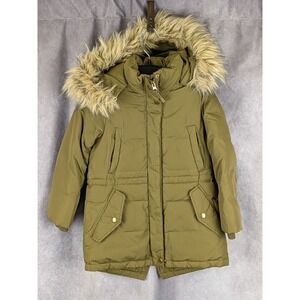 Crewcuts J Crew Kids Olive Green Down Puffer Parka Faux Fur Hood Jacket Size 4-5